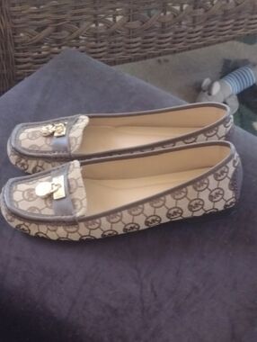 Michael Kors Beige Monogram Slip-On Loafers with Gold Emblem